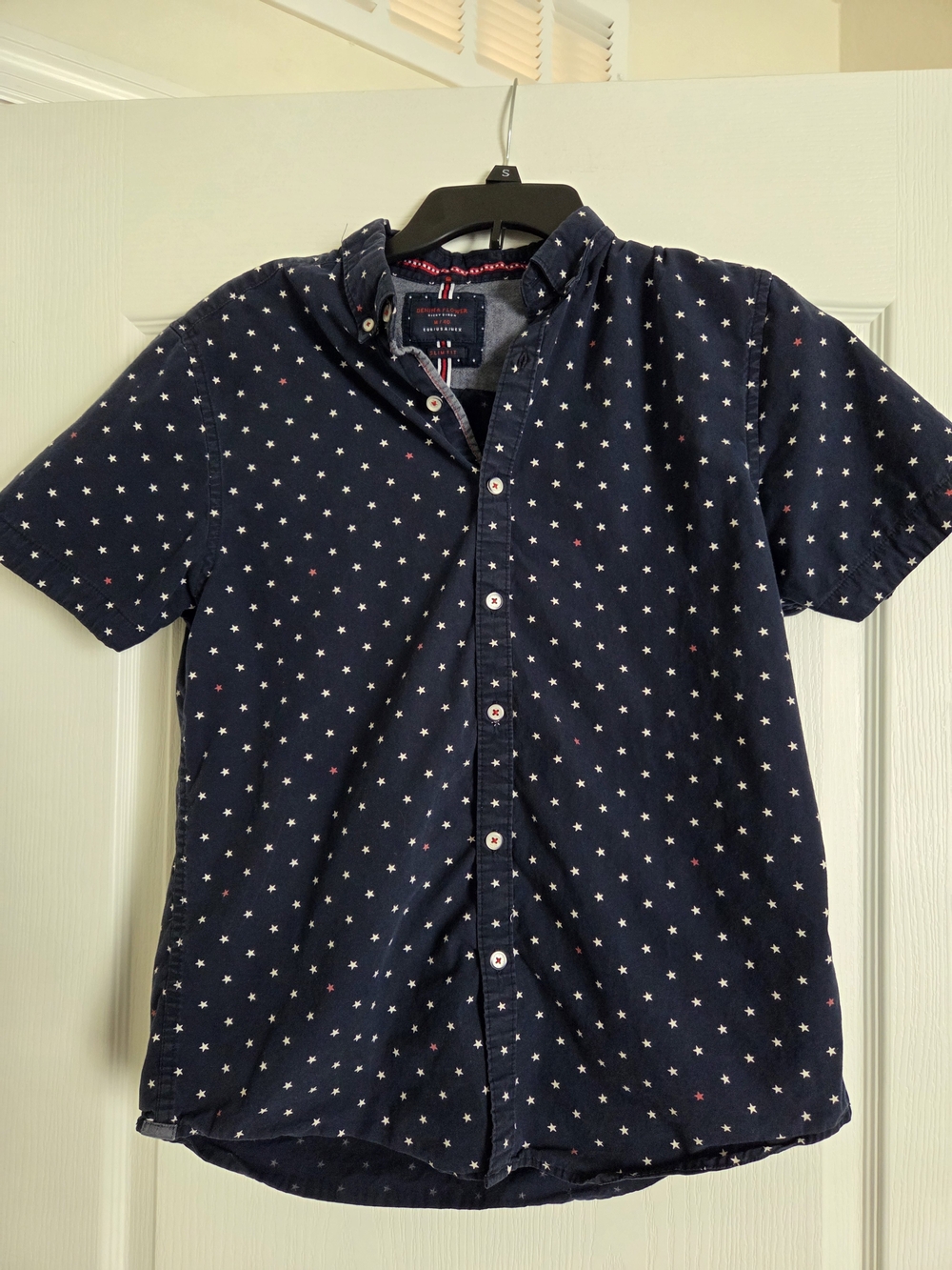 Denim & Flower Navy Short-Sleeve Button-Down with White Star Print